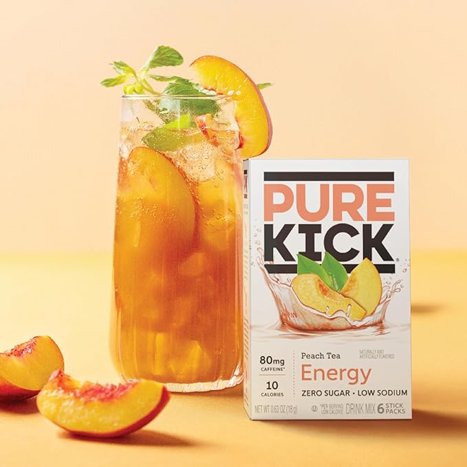 PURE KICK Energy Singles To Go Drink Mix, Peach Tea, Includes 12 Boxes with 6 Packets in each Box, 72 Total Packets