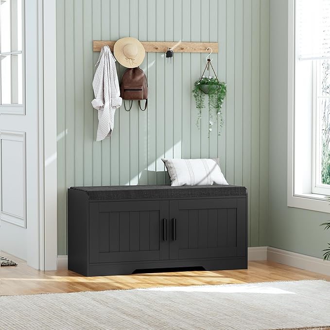 Homleke 2-Tier Storage Bench, Shoe Bench with Thickened Padded Seat Cushion, Entryway Bench with 2 Doors, Adjustable Shelf, 13.8" D x 37.4" W x 18.5" H, for Entryway, Living Room, Bedroom, Black