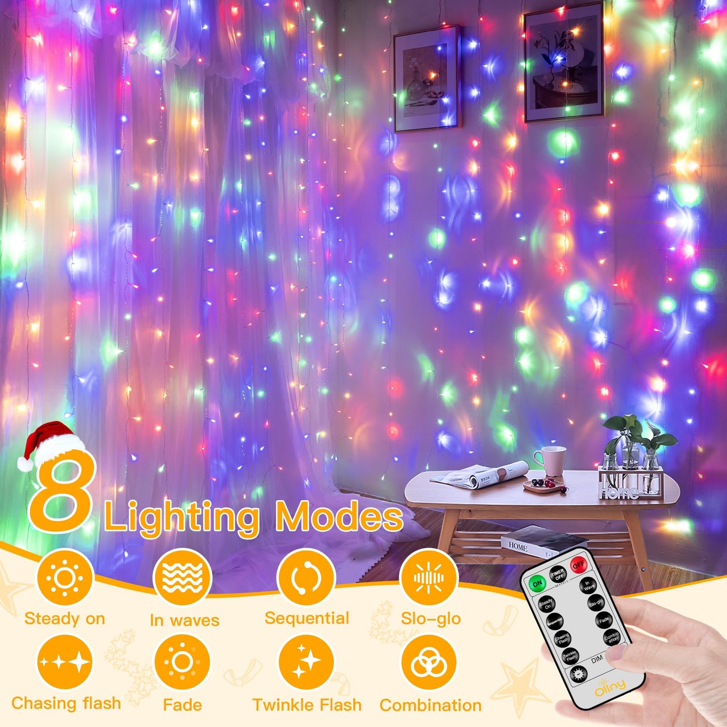 Ollny Curtain Lights 200LED Multicolor Indoor Outdoor USB String Lights with Remote, 6.6x6.6ft Waterproof Timer, Model B07FTB4YXS