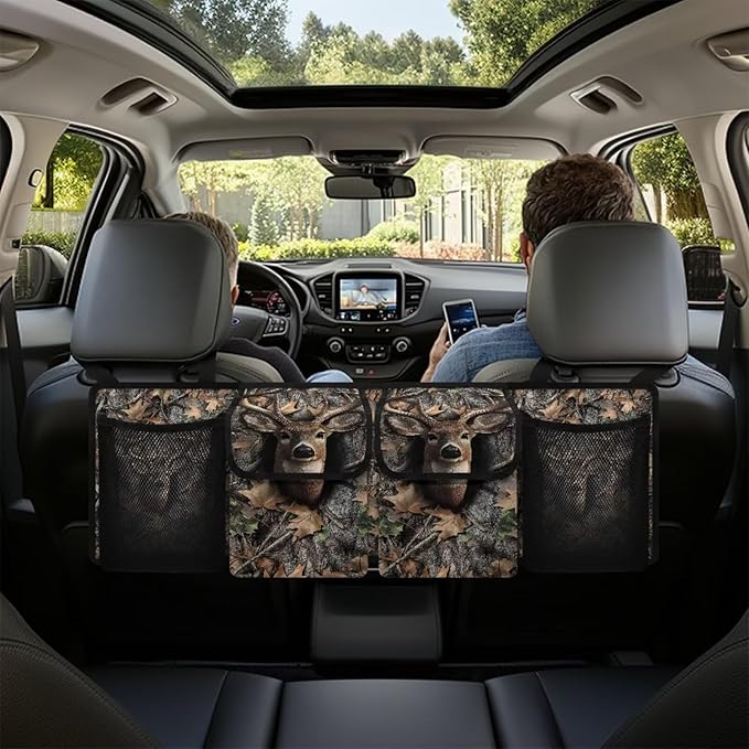 Deer Camouflage Car Storage Organizer New Version, Hanging Trunk Organizer with 4 Functional Storage Bags, Car Trunk Storage Bag for SUV Truck MPV VAN