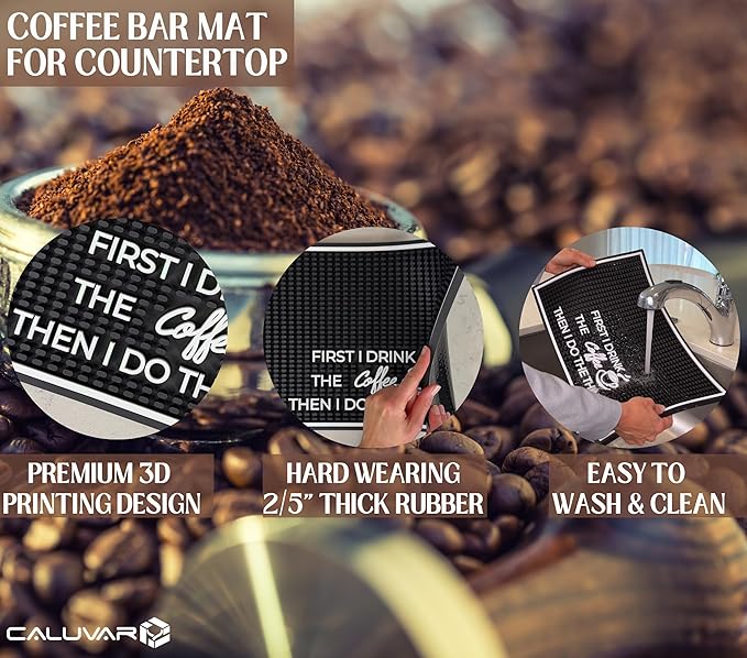 Coffee Matt for Counter First I Drink The Coffee Then I Do The Things 18x12 in, Non-Slip Silicone Espresso Maker Mat for Countertops, Aloha, Hawaiian and Luau Tiki Bar Decor and Tiki Decorations