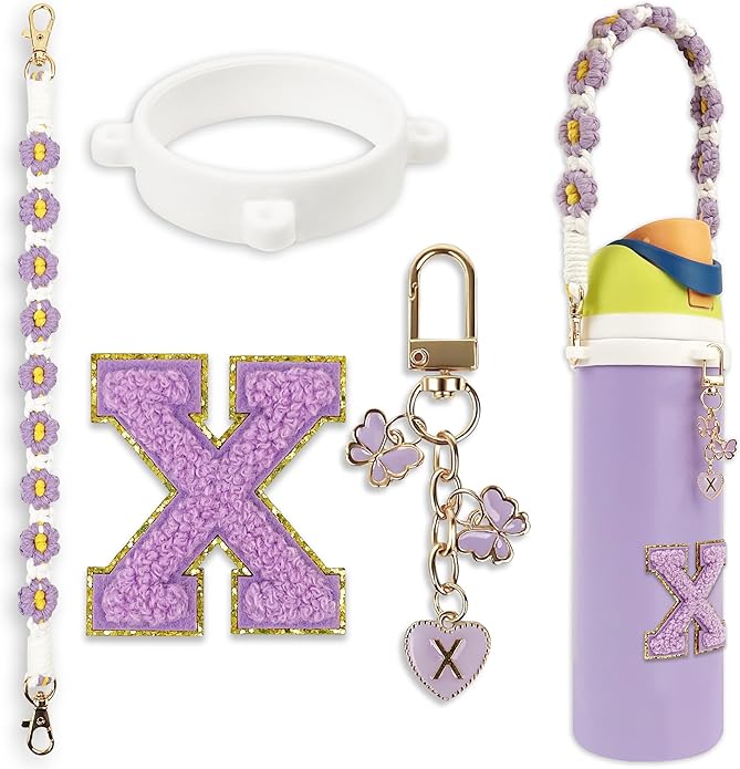 Compatible with Owala Water Bottle Accessories, Cute Letter Charm Set with Boho Handle Strap, Monogram Sticker, Silicone Ring, Keychain Decoration, for FreeSip 24 32 40oz, Owala Kids, Tumbler Gift