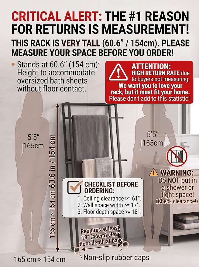 CANYAVE Metal Leaning Ladder Towel Rack, 4-Tier Blanket Stand for Bathroom Living Room, No Drilling Quilt Storage Organizer (Matte Black)