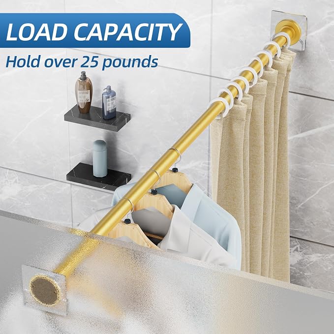CorkLatta Gold Shower Curtain Rod,1 Inch Diameter Stainless Steel Adjustable Spring Tension Rods 32 to 80",with Holders,Anti-Slip,Curtain Rods No Drilling(1 Pack)