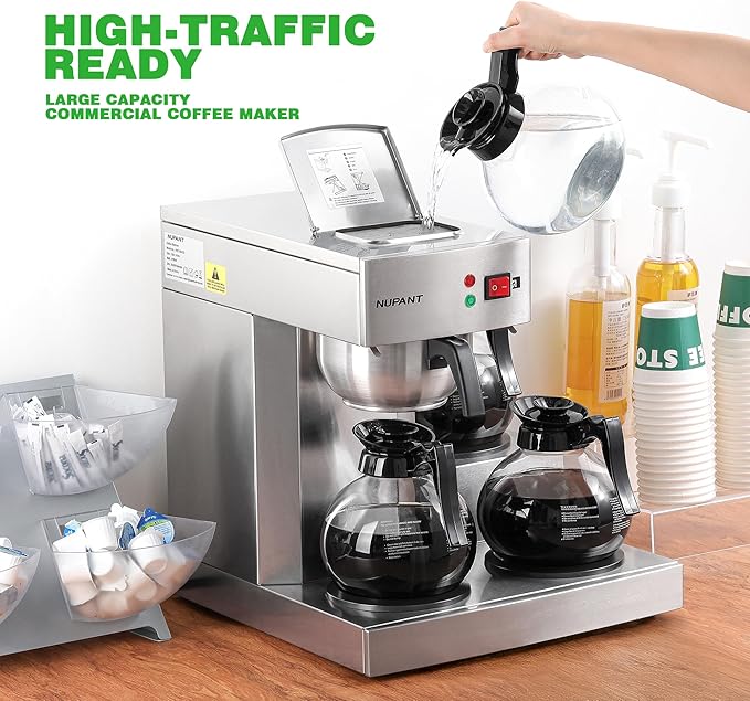 12 Cup Commercial Coffee Maker,Drip Coffee Maker Machine with 3 Warmers Plate and 3 Glass Decanters, Stainless Steel Pour Over Commercial Coffee Brewer for Restaurant, Office, Cafe Use