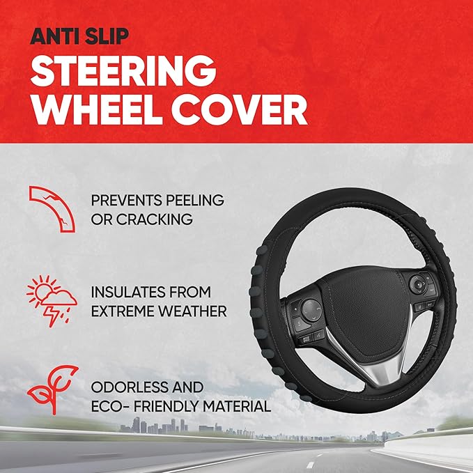 Motor Trend FlexGrip Steering Wheel Cover for Cars – Standard 15 inch Car Steering Wheel Cover, Black and Charcoal Gray Steering Wheel Protector for Auto Truck Van SUV