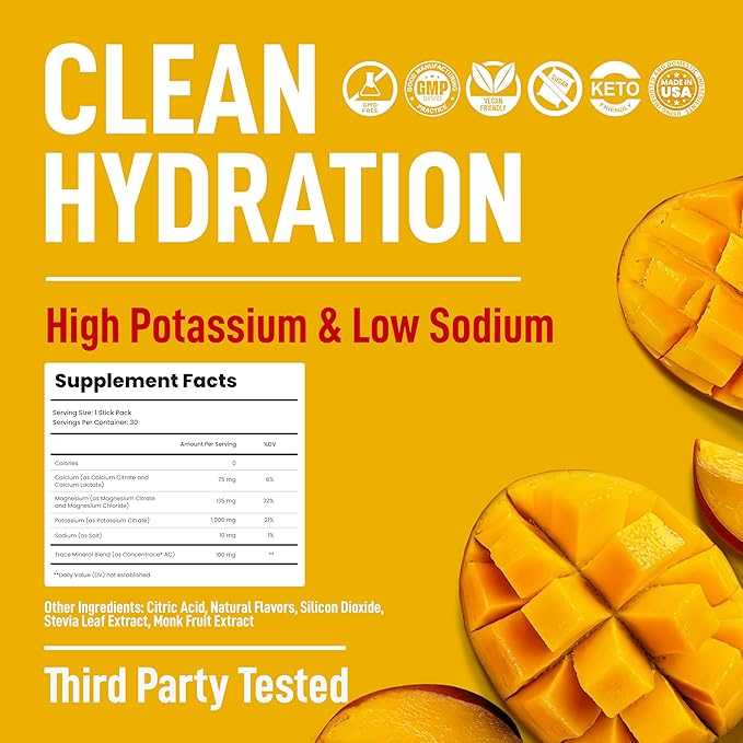 Keppi Electrolytes Powder Packets – Mango Flavor 30 Servings – No Sugar Hydration Supplement with Potassium, Magnesium, Sodium – Keto, Vegan, Fasting-Friendly, Zero Calorie Hydration Packets