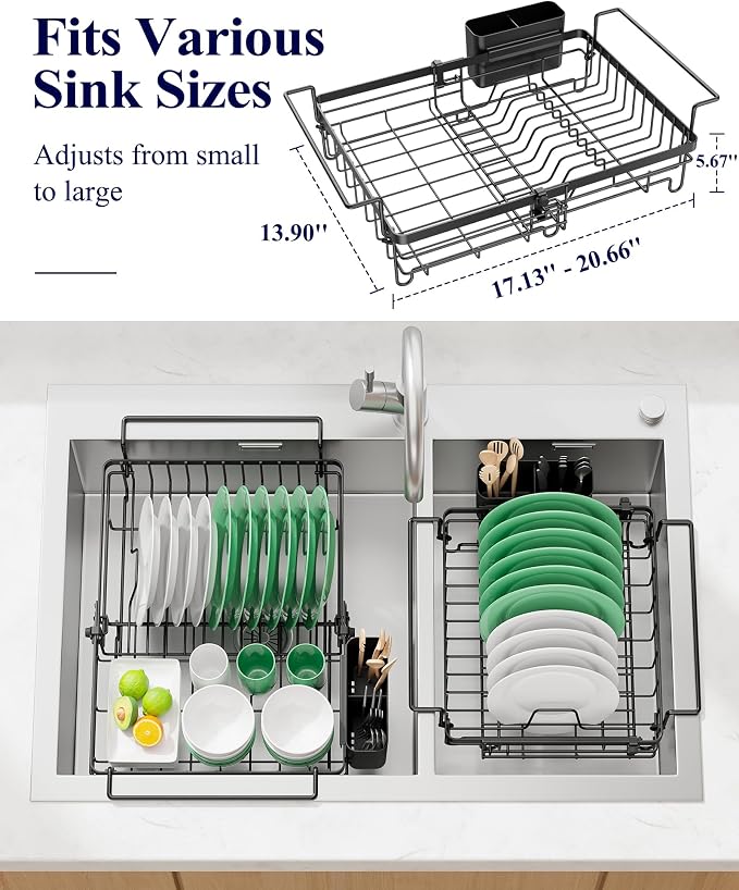 Kitsure Dish Drying Rack – Expandable in-Sink or Over-Sink Dish Rack for Kitchen Counter, Rust-Resistant Metal Dish Strainer with Cutlery Holder, 17.13"-20.66" L x 13.90" W x 5.67" H, Black