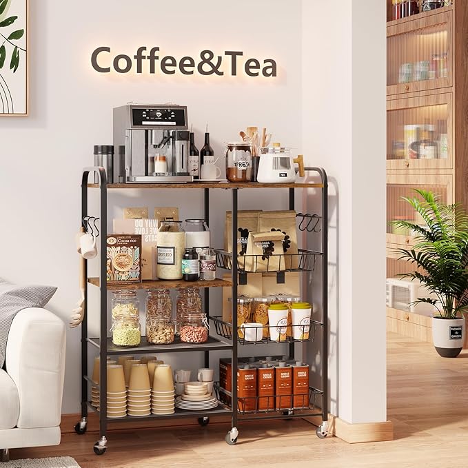 HapiRm Rolling Kitchen Microwave Cart - 4 Tier Microwave Table Stand with Pull-Out Baskets, Coffee Bar Baker's Rack with Wheels Rolling Storage Cart Organizer Shelf for Living Room Office, Balcony