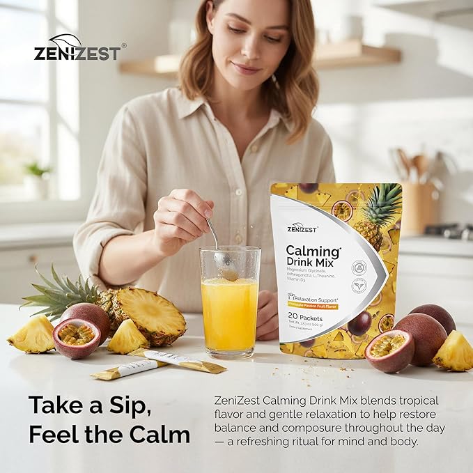 ZeniZest Calming Drink Mix Powder - Natural Cortisol Balance Calm Sleep Stress Support Supplement with Magnesium Glycinate Ashwagandha L-Theanine Vitamin D3 - Pineapple Passion Fruit Flavor 20 Packets