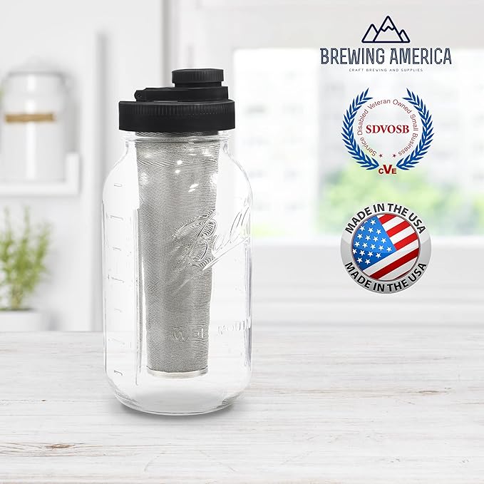 Brewing America Mason Jar Cold Brew Coffee Maker Infuser: Made in USA Wide Mouth Mason Jar with Screw Top Pour and Drinking Lid, Stainless Steel Filter - Coffee, Tea, Alcohol - 2 Quart 64 oz Black Lid