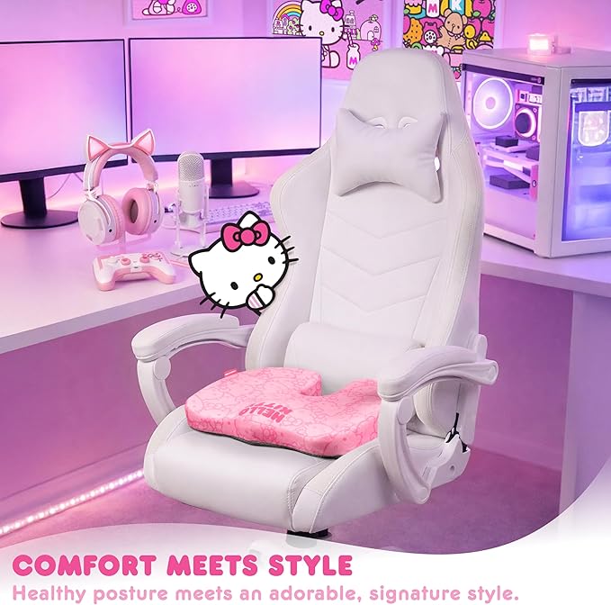 Carbella Officially Licensed Hello Kitty Seat Cushion - Cute Pink Office Chair Cushion for Car, Home, Work or Desk - Comfort Memory Foam Cushions for Coccyx, Back, Tailbone Pain Relief Pillow
