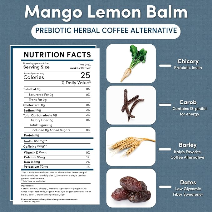 Teeccino Mango Lemon Balm - Prebiotic SuperBoost™ Herbal Blend - 10 Ounce - Steep like Loose Leaf Tea or Brew Like Coffee – Support Probiotics 3 Vegan Prebiotics for Gut Health & Good Mood