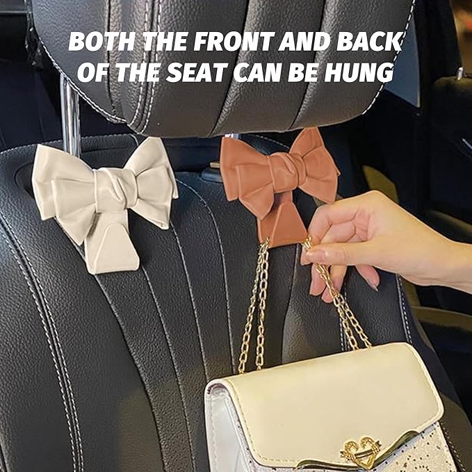 2 PCS Car Seat Headrest Hooks, Cute Bow Shaped Vehicle Backseat Storage Hooks, Leather Bow Shaped Sturdy Car Seat Back Hooks for Purses/Coats, Car Accessories (Black)