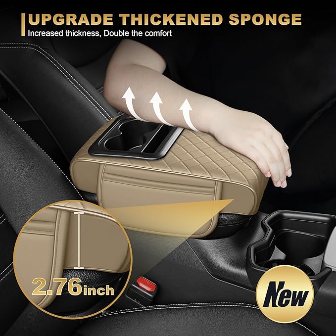 Center Console Cover for Ridgeline: Armrest Cover for Car with 2 Storage Bags - Waterproof Leather Center Console Cover with Cup Holder for Car,Anti-Scratch Auto Armrest Pad Accessory （Beige