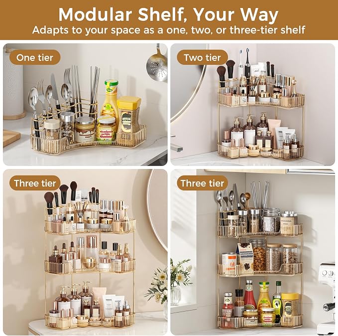 BEFSOP Corner Bathroom Counter Organizer, Upgraded 2-Tier Makeup Organizer Countertop with Makeup Brush Holder, Skincare Exquisite Vanity Organizers Countertop Bathroom Storage Dresser(GOLD)