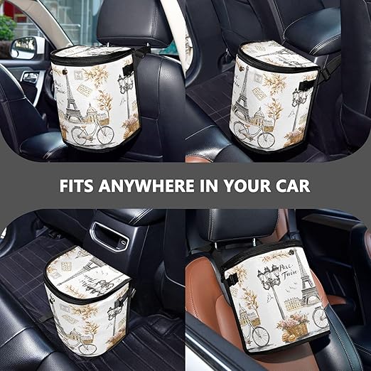 MNSRUU Car Trash Can with Lid, Eiffel Tower Flower Basket Bicycle Car Trash Bag Hanging Organizers and Storage for Front Back Seat, Leak-Proof Trash Bin