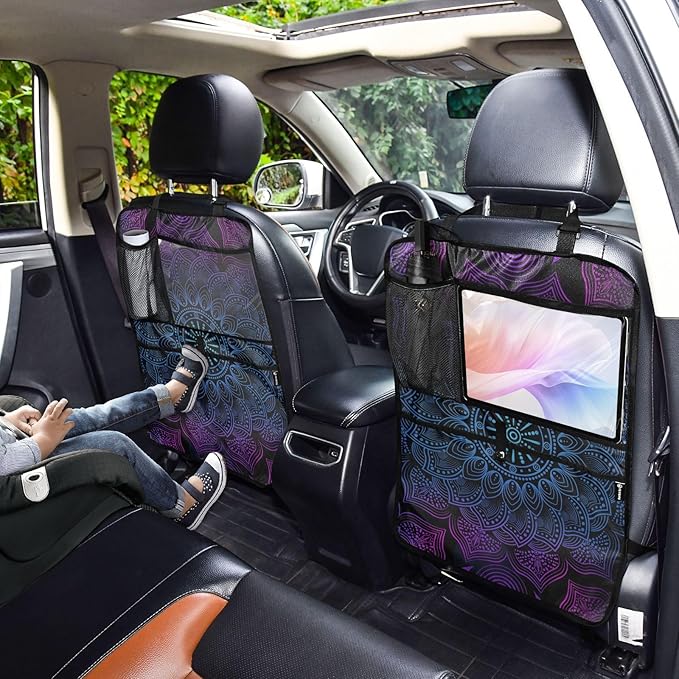 JIPONI Car Backseat Organizer, Boho Mandala Automotive Back Seat Protector, Kick Mats with Storage Pockets for Kids Pets, Road Trip Accessories (2 Pack)