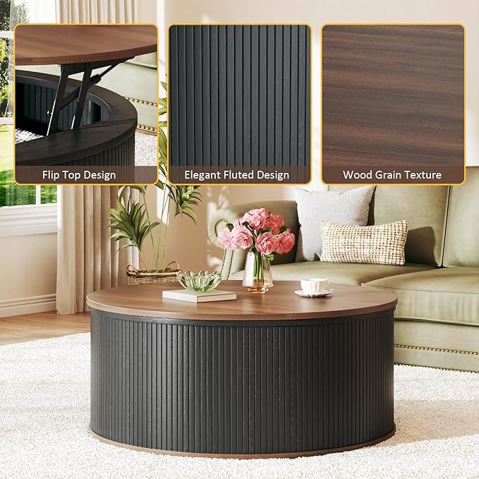 Round Coffee Table with Storage, 31.5" Lift Top Coffee Table, Mid Century Modern Coffee Tables for Living Room, Apartment Office, Fluted Table with Rustic Wood Desktop