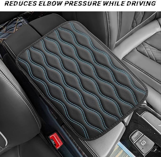 Car Center Console Pad, Waterproof PU Leather Auto Armrest Box Cover, Comfortable Vehicle Arm Rest Protector Cushion Pad for Car SUV, Universal Car Accessories (Black+Blue)