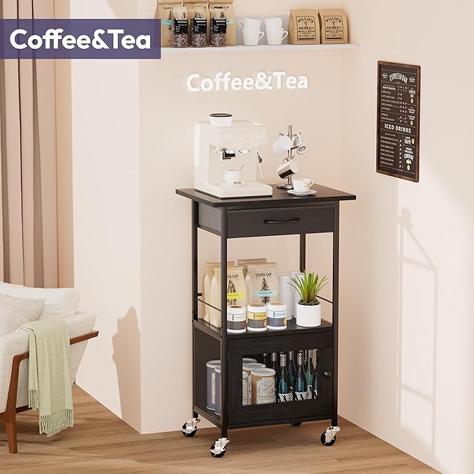 SWTYMIKI Buffets Coffee Bar Cabinet - Rolling Kitchen Rack, Farmhouse Small Coffee Stand with Storage Drawer and Door Cabinet - Kitchen Microwave Stand for Apartment, Living Room, Entryway, Black