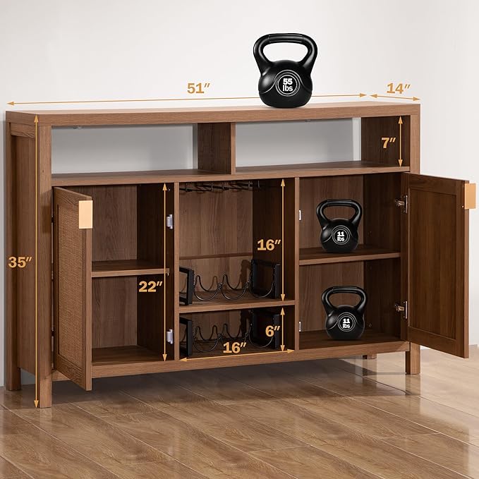 SICOTAS Rattan Coffee Bar Cabinet, 102" Farmhouse Sideboard Buffet Cabinet with Storage, Boho Liquor Wine Cabinet Set of 2 Credenza Console Buffet Table for Home Living Dining Room Entryway, Natural