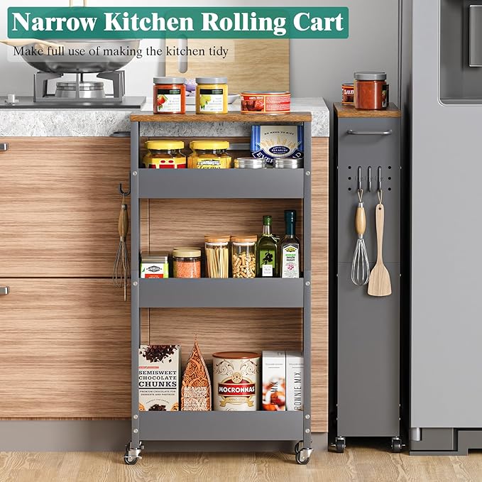 Slim Storage Cart, 4-Tier Kitchen Rolling Cart Narrow Storage Cabinet with Handle & Wheels, Metal Rolling Shelf Unit for Kitchen Bathroom Laundry Small Places (5.9IN/ Gary/Brown)