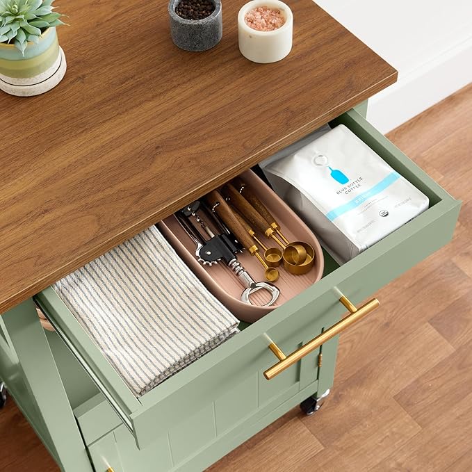 Best Choice Products Rolling Kitchen Island Cart, Single Door Cabinet W/Drawer, Sliding Tray, Outlet, Swivel Lockable Wheels, Hooks, Coffee Cart, Microwave Stand, for Dining Room - Pistachio Green