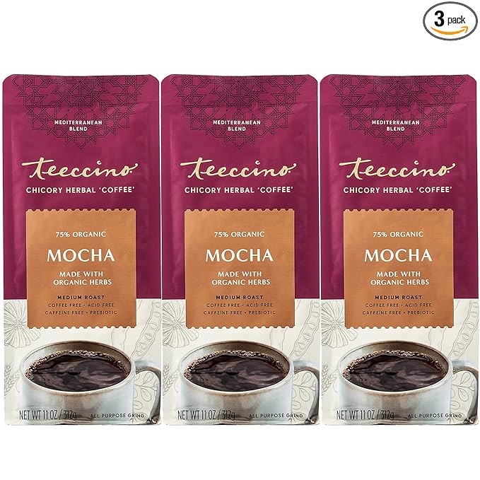 Teeccino Mocha Chicory Coffee Alternative - 11 Ounce - Ground Herbal Coffee That’s Prebiotic, Caffeine-Free & Acid Free, Medium Roast, (Pack of 3)