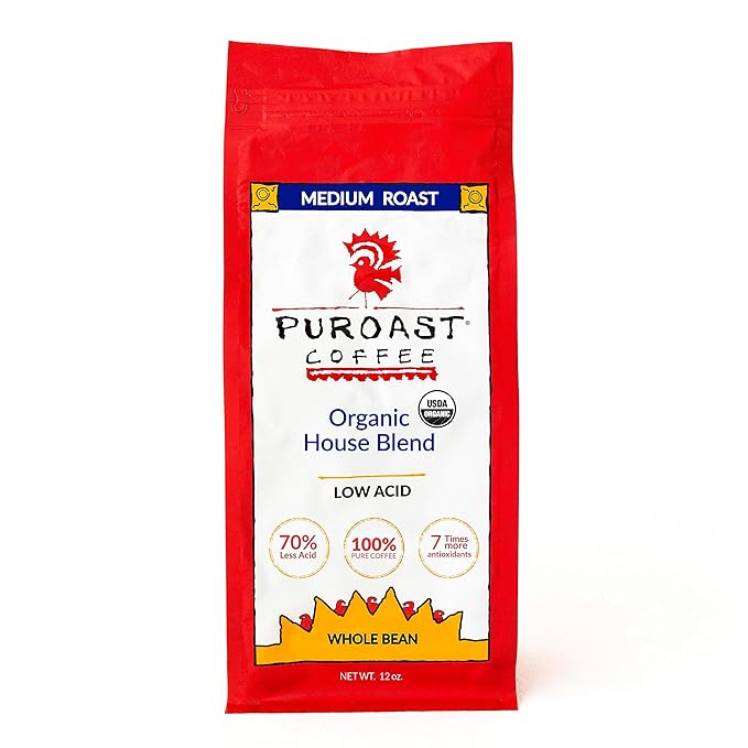 Puroast Low Acid Coffee Bean | Organic House Blend Roast Whole Bean | Medium Roast | High Antioxidants & High pH |No Bitter Aftertaste | Reduced Heartburn & GERD | Suitable for Cold Brew - 12 oz