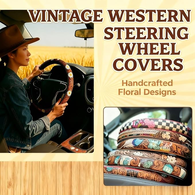 Retro Western Cowboy Car Universal Steering Wheel Cover – Western Steering Wheel Cover for Men & Women - 15 Inch Embossed Leather Anti-Slip Grip–Universal Fit for Truck, SUV, Car (B)