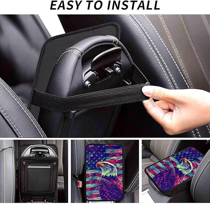 Car Center Console Cover American Flag Universal Armrest Seat Box Covers Protector, Stripe Star Blue Eagle Vintage Cars Decor Accessories Fit for Most Vehicles SUVs Sedans Vans