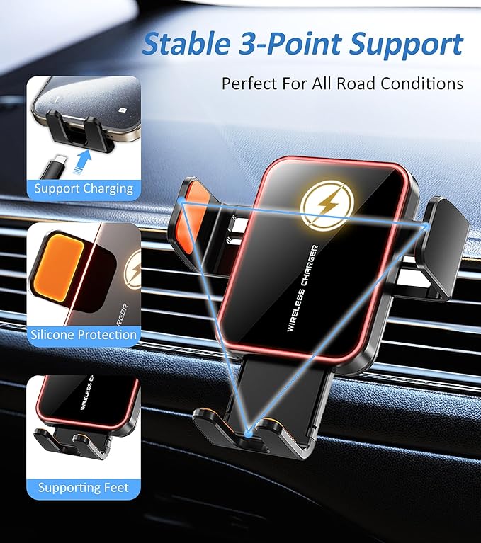 Car Mount Charger, 15W Fast Charging Auto Clamping Wireless Car Charger with 7-Color LED Lights, Air Vent Phone Holders for Your Car Accessory for iPhone Air 17 Pro Max 16 15 14 13 12, Galaxy S25