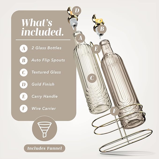 COOK WITH COLOR Glass Olive Oil Bottle Dispenser - 2 Pack- 17oz Oil and Vinegar Cruet - Olive Oil Carafe Decanter for Kitchen, Elegant Fluted, Brown
