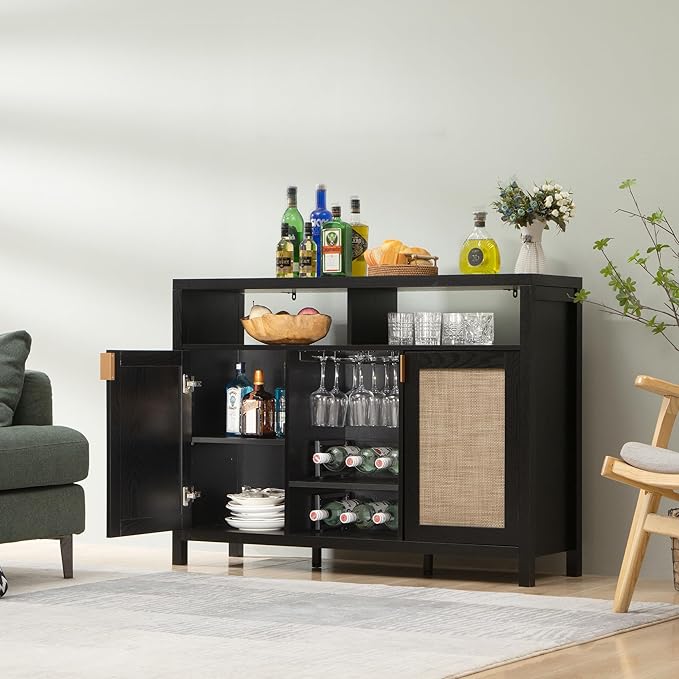 SICOTAS Rattan Coffee Bar Cabinet, 102" Sideboard Buffet Cabinet with Storage, Modern Liquor Wine Cabinet Set of 2 Credenza Console Buffet Table for Home Living Dining Room Entryway, Black
