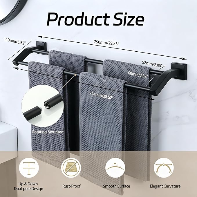 Alise Double Towel Bar, 28 Inch Towel Rack for Bathroom Wall Mounted, SUS304 Stainless Steel Bathroom Towel Holder Joining Process Towel Rail for Bathroom,Matte Black