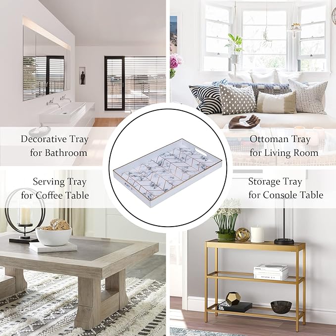 MAONAME Rectangular Decorative Tray, Modern White Serving Tray with Handles, Marbling Plastic Trays for Ottoman, Coffee Table Trays for Living Room, Home Decor, 15.8" x 10.2" x 1.4"