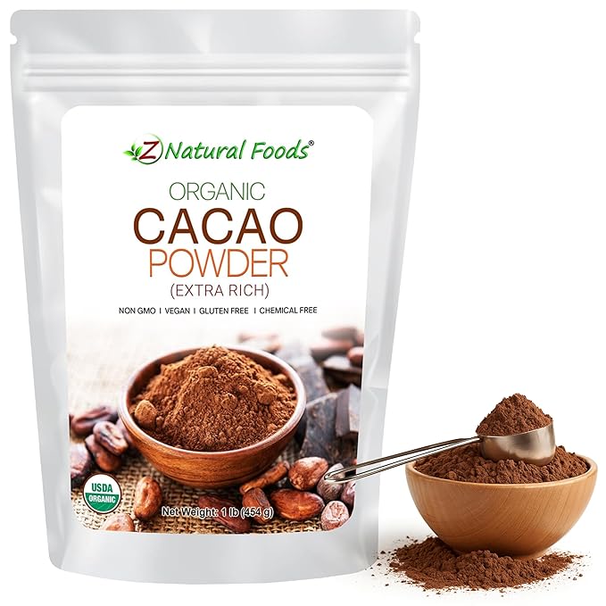 Z Natural Foods Organic Cacao Powder - Unsweetened Nutrient-Dense Superfood for Healthy Aging - Extra-Rich Dark Chocolate Flavor Perfect for Chocolate Recipes, Shakes or Smoothies, 1 lb