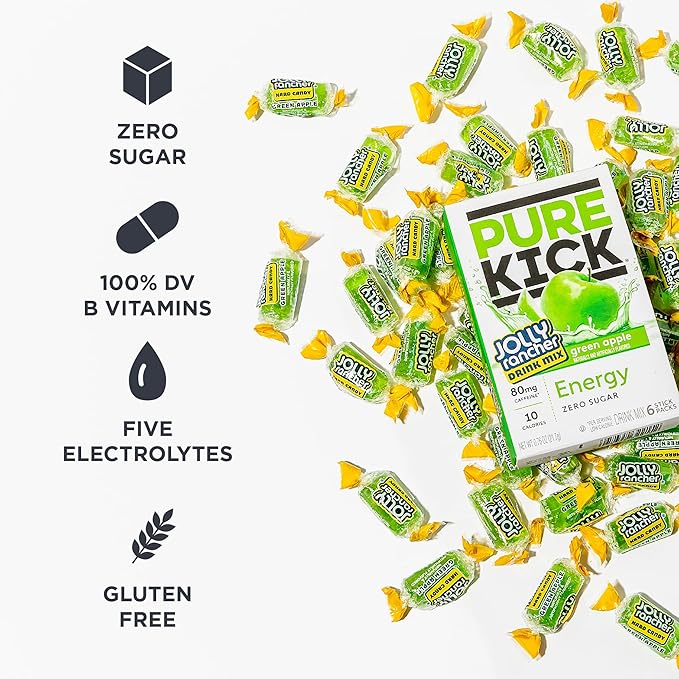 PURE KICK Energy Singles To Go Drink Mix, Jolly Rancher Green Apple, Includes 12 Boxes with 6 Packets in each Box, 72 Total Packets