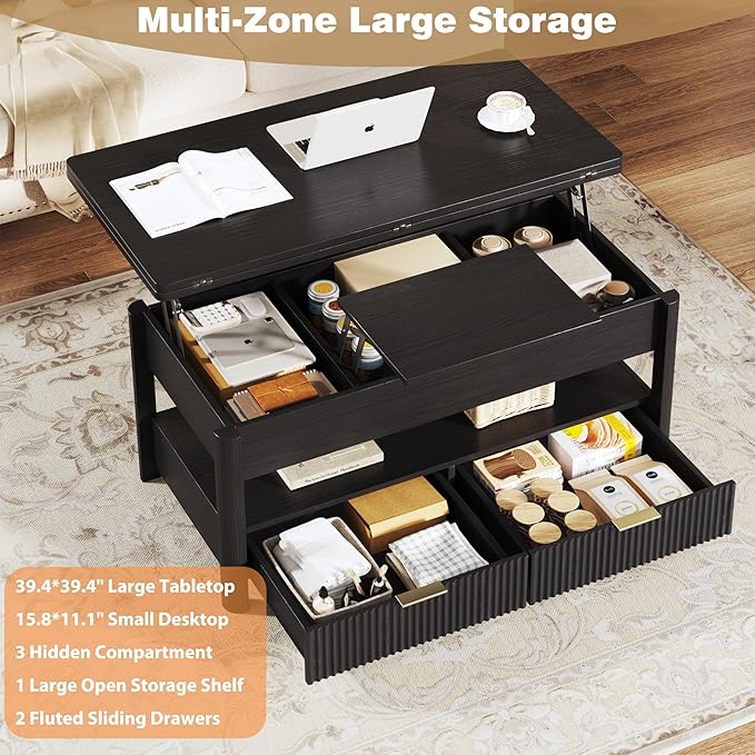 HUAHUU 40" Lift Top Coffee Table with Storage, 4 in 1 Square Coffee Table with Hidden Compartment & Open Shelf & 2 Drawers, Modern Coffee Tables with Lifting Top for Living Room, Home, Office, Black