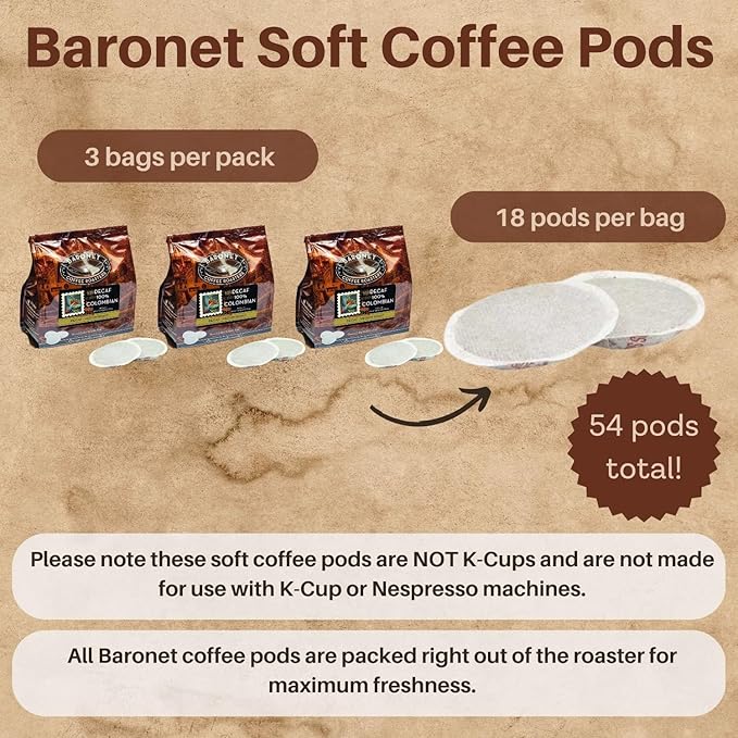 Baronet Coffee Pods [DECAF Colombian -54 Pods] Single Cup Use Like Senseo - 3 Bags of 18 Single Serve 8 Gram, Regular Strength, Medium Roast [DECAF Colombian]