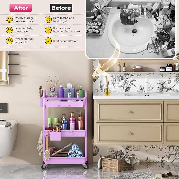 Goovilla Rolling Makeup Organizer Cart with Removable Drawer, 3 Tier Stable Purple Floor Skincare Storage Cart for Vanity, Cosmetic Display, Nail Polish, Perfume, Hair Stuff, Beauty, Bathroom(Plastic)