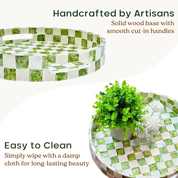 12.6" Capiz Decorative Tray with Handles, Checkered Round Serving Tray for Coffee Table, Kitchen Counter, or Bathroom (Pistachio Green)