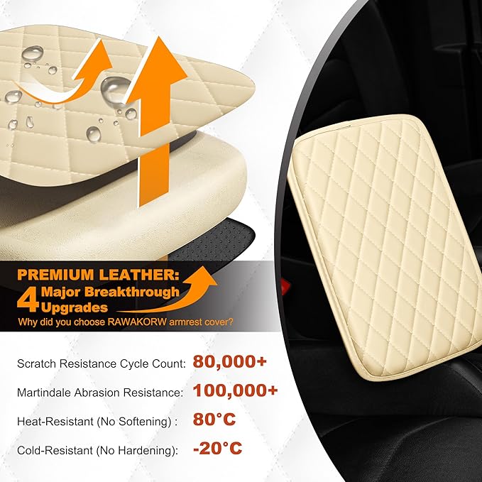 Car Center Console Cover Fit for Mazda Mazda 3 - Upgraded Faux Leather Armrest Cushion with 2 Storage Pockets - Waterproof Armrest Protector for Car (Beige & Whiteline)