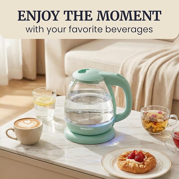 Elite Gourmet 1L Glass Electric Water Kettle, BPA-Free, Fast Boil, Auto Shut-Off, Boil-dry Protection, 360° Swivel Base with Cordless Serving, Clear-view Water Level Markings, Mint