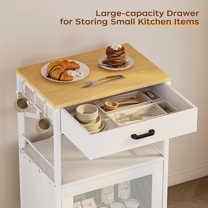 Homeiju Kitchen Island Cart, Kitchen Storage Cart with Drawer, Microwaves Stand, Coffee Cart, Rolling Kitchen Cabinet Cart with Hooks for Kitchen, Dining Room, White