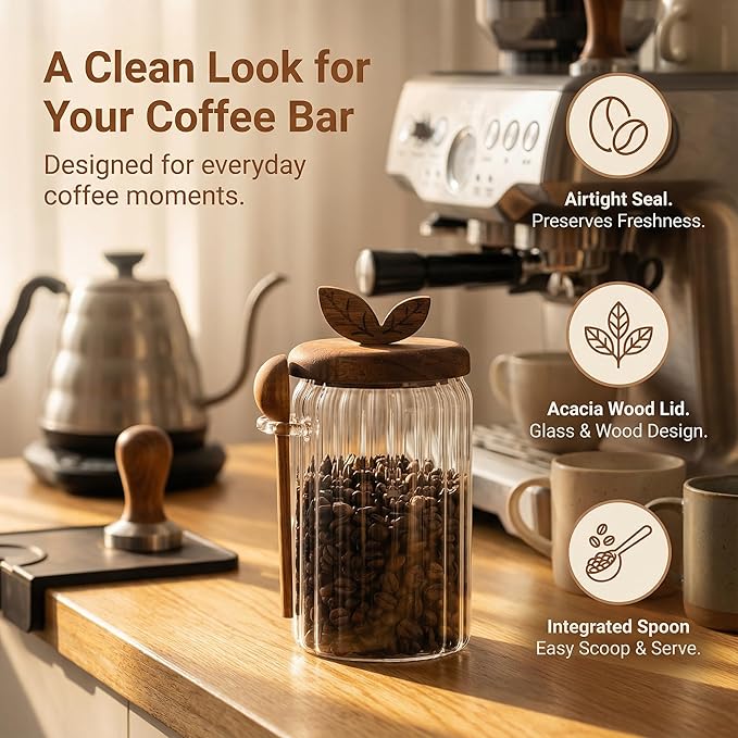 Glass Coffee Canister with Wooden Lid & Spoon, Airtight Food Storage Jar for Coffee, Sugar, Salt, Tea & Snacks (27floz)