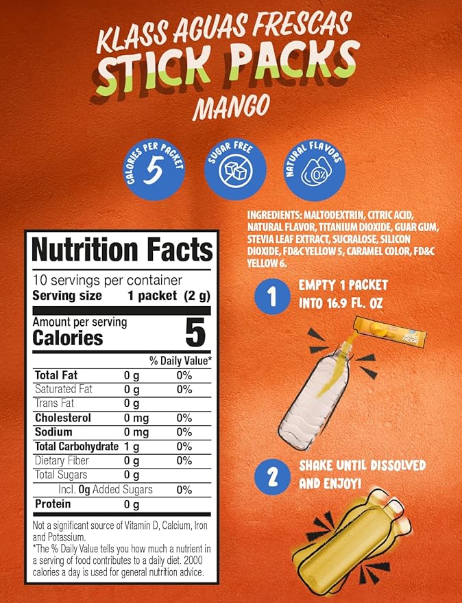 Klass Aguas Frescas, Powdered Drink Mix, 40 Singles Zero Sugar & Caffeine-Free Powder Packets, Water Drink Mix, Flavor: Mango - 5 Calories Per Packet & Natural Flavors