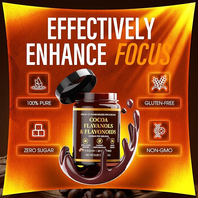 High Flavanol Cocoa Powder, 1200mg Cocoa Flavanols, Flavonoids & 600mg Epicatechin, Improve Circulation, Energy, Supports Heart Health & Brain Function (1, Gram, 150)