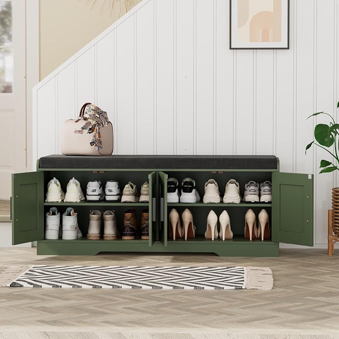 Homleke 2-Tier Storage Bench, Shoe Bench with Thickened Padded Seat Cushion, Entryway Bench with 4 Doors, Adjustable Shelf, 13.8" D x 45.3" W x 18.5" H, for Entryway, Living Room, Bedroom, Green